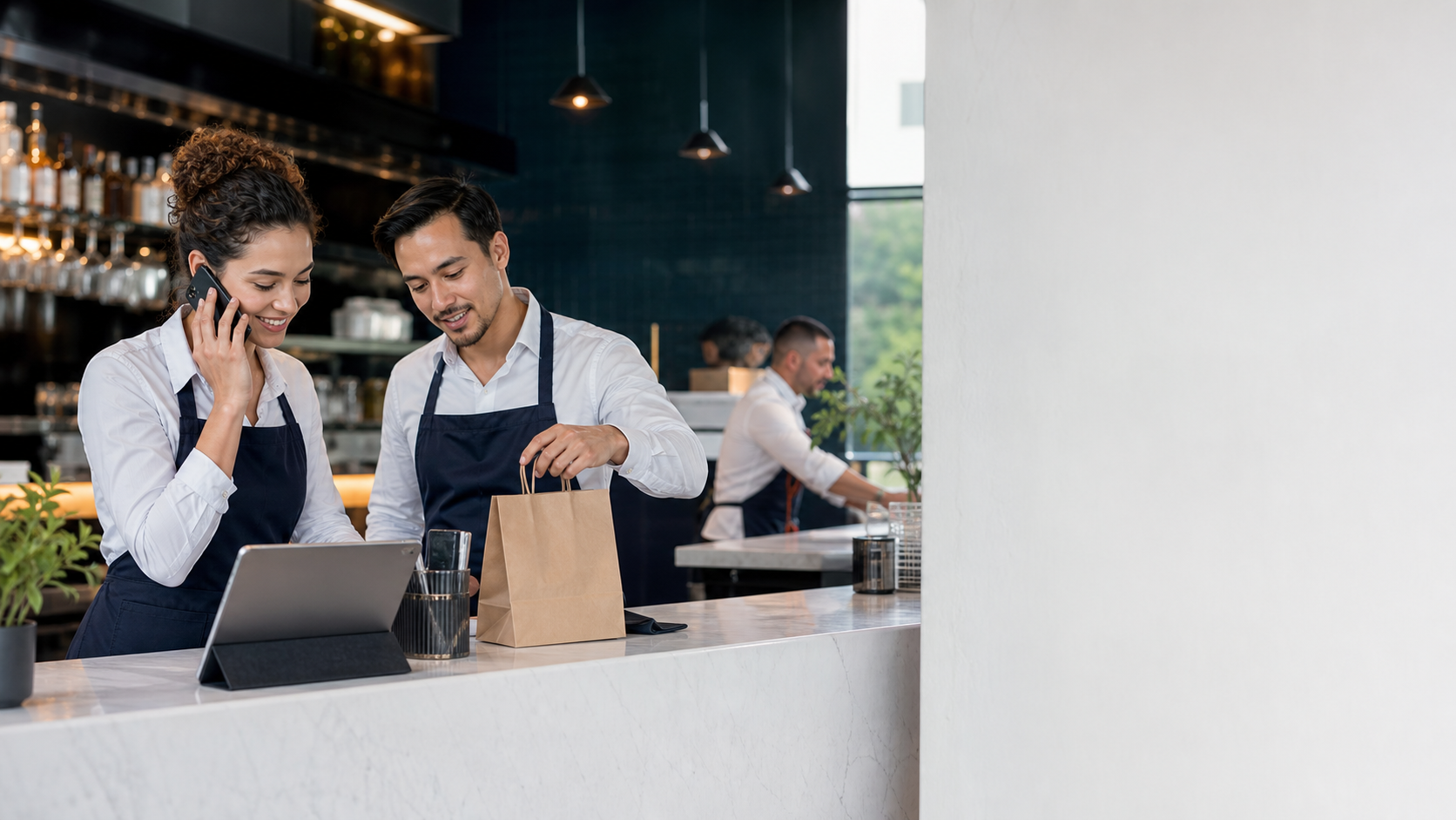 Equipo de restaurante gestionando pedidos y reservas con soporte digital